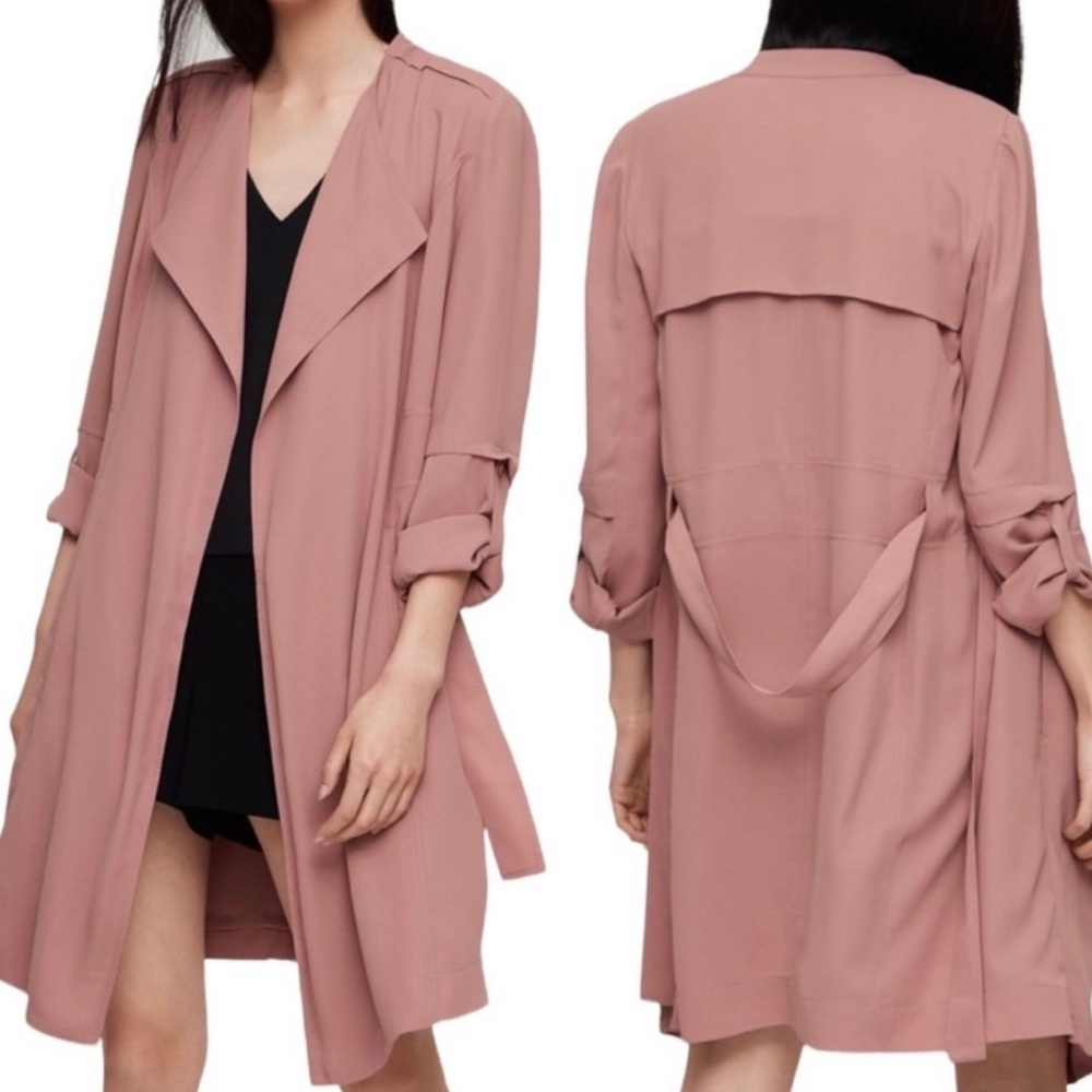 Aritzia Babaton Draped Trench Coat Rose Mauve Lightweight Tie Waist Size S